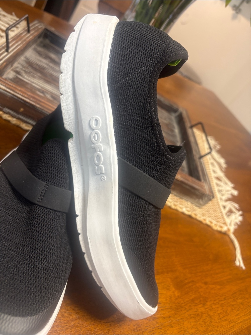 OOFOS Black Knit Slip-On Recovery Loafers with White Sole